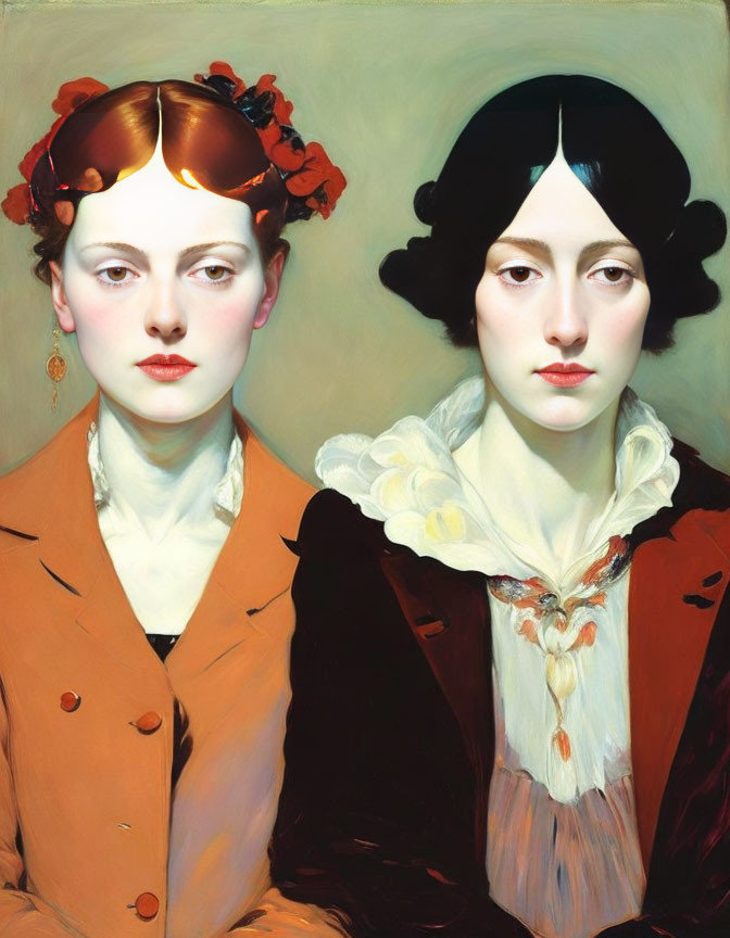 Two women in vintage attire with distinct stylized features and solemn expressions, one in orange blouse and hair