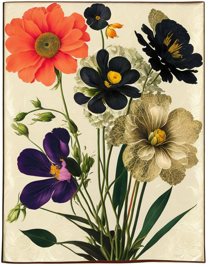 Vintage-style illustration featuring orange gerbera, dark purple pansies, black pansies, and beige