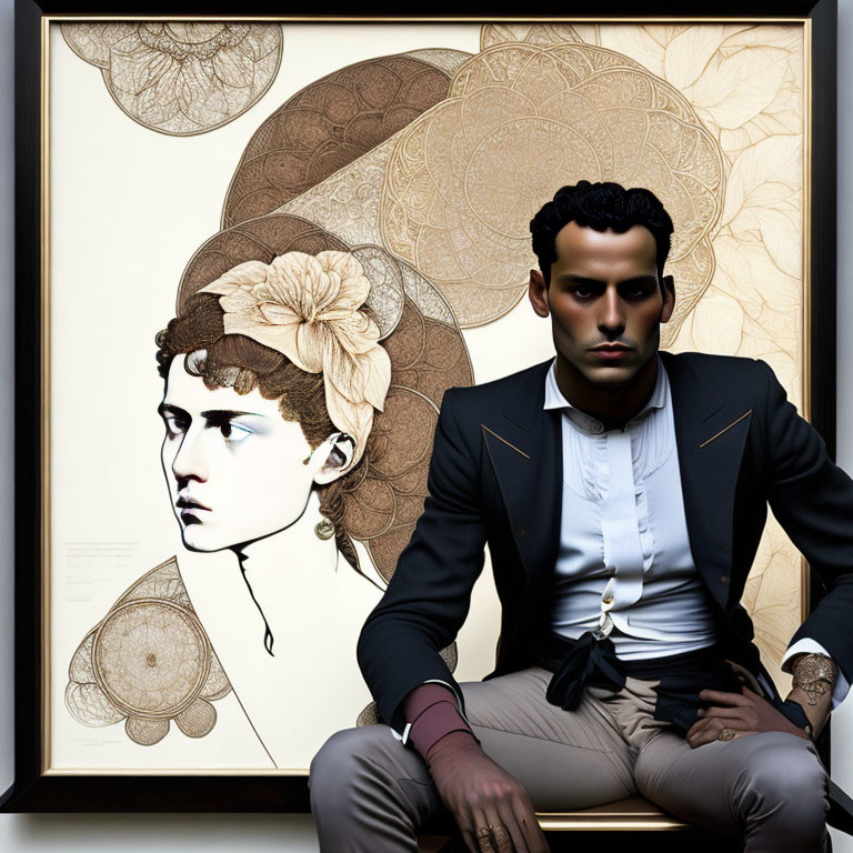 Man in dark suit admires intricate portrait with floral profile view