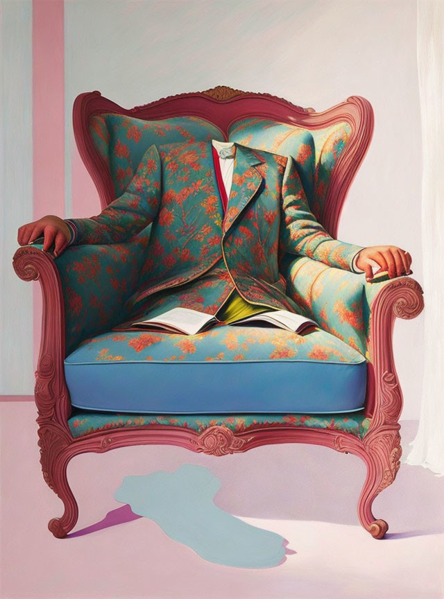 Floral-patterned chair blends with suit in book-reading illusion