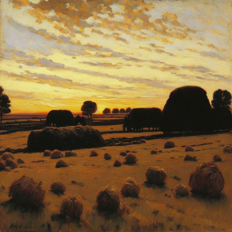 Pastoral sunset painting with haystacks and vibrant sky