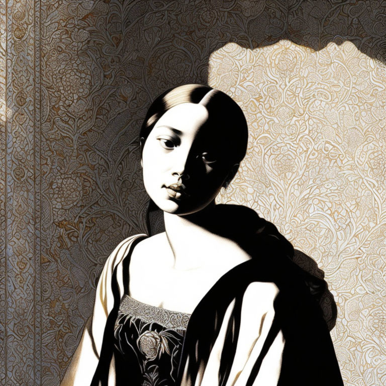 Stylized image of elegant woman against floral textured background