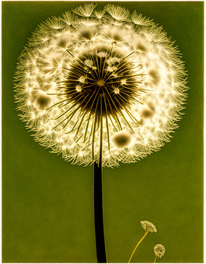 Stylized glowing dandelion seed head on dark green background