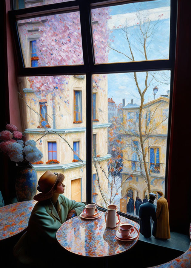 Woman in Green Hat at Café Table with Coffee Cups and Blossoming Trees Outside