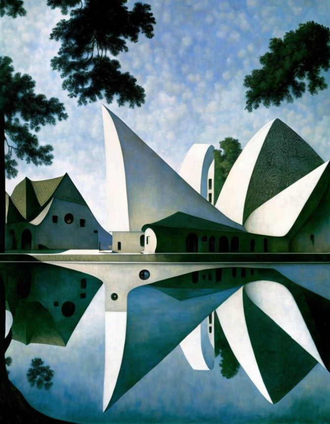 Surreal painting of white buildings with conical roofs reflected in water