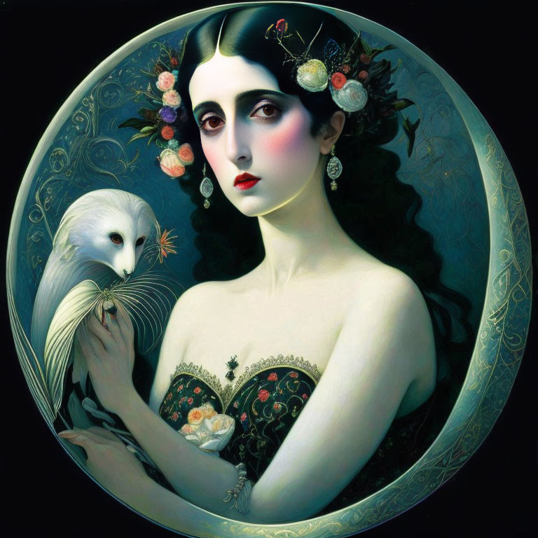 Portrait of woman with pale skin and dark hair holding white owl in circular floral frame