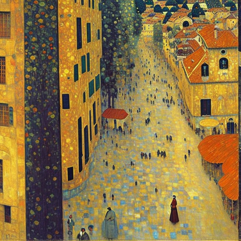 Pointillism painting of busy square with orange umbrellas and patterned floor