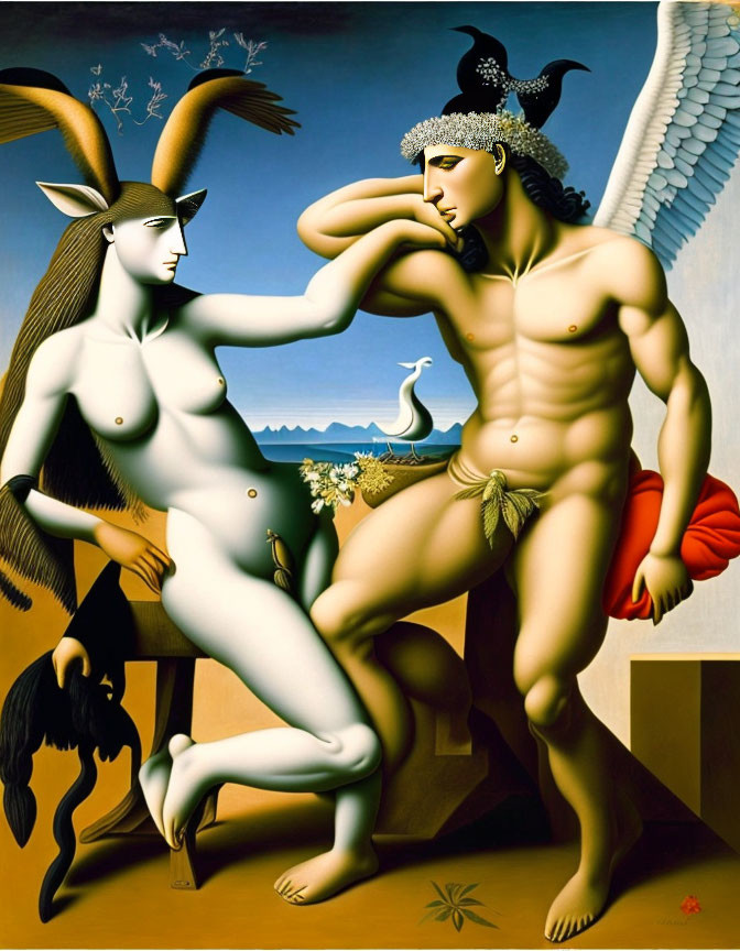 Surrealist painting of winged male and goat-headed female figures in stylized landscape