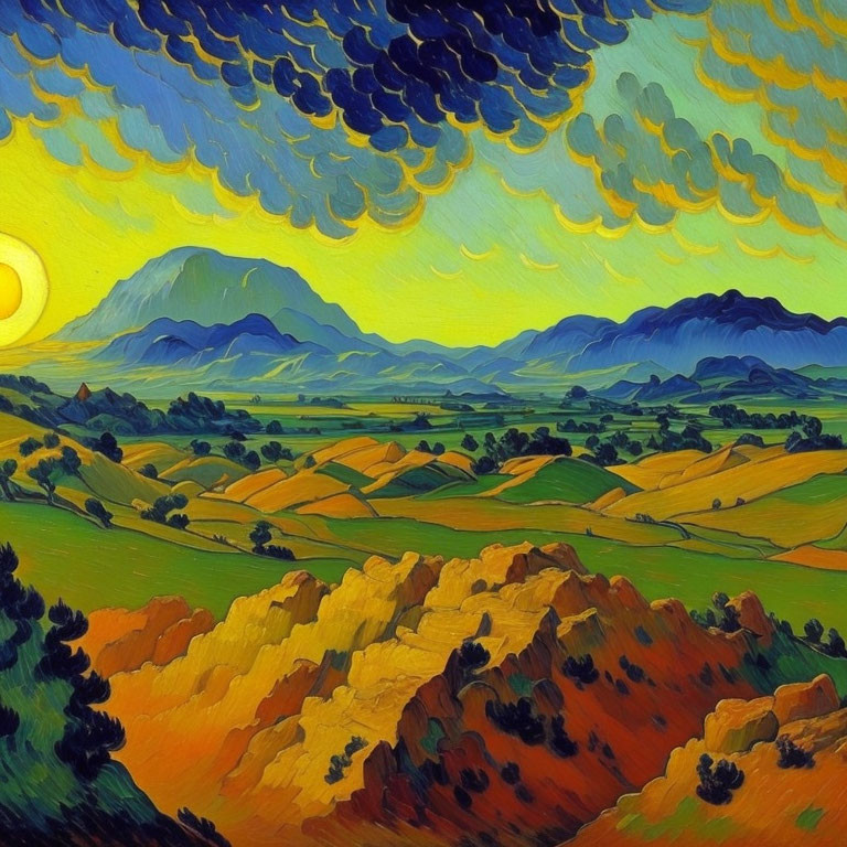 Colorful Landscape Painting with Rolling Hills and Sunlit Sky