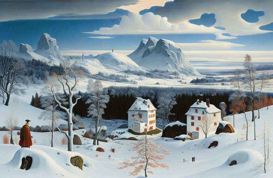 Snowy Winter Landscape with Houses, Trees, and Figure in Vintage Attire