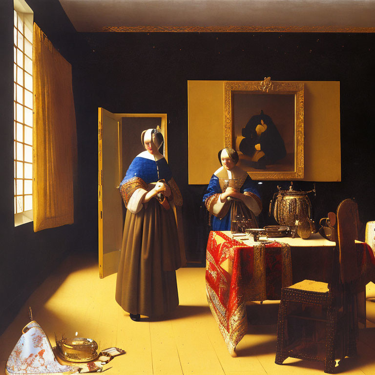 17th-Century Interior Painting: Woman Reading Letter Beside Luxurious Table