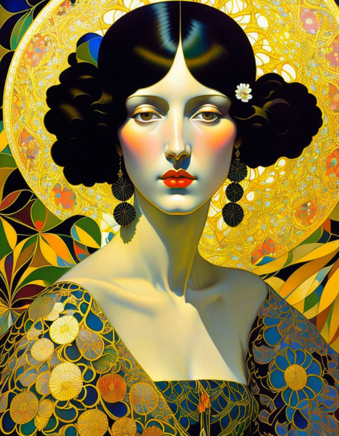 Dark-haired woman in Art Nouveau portrait on golden floral backdrop