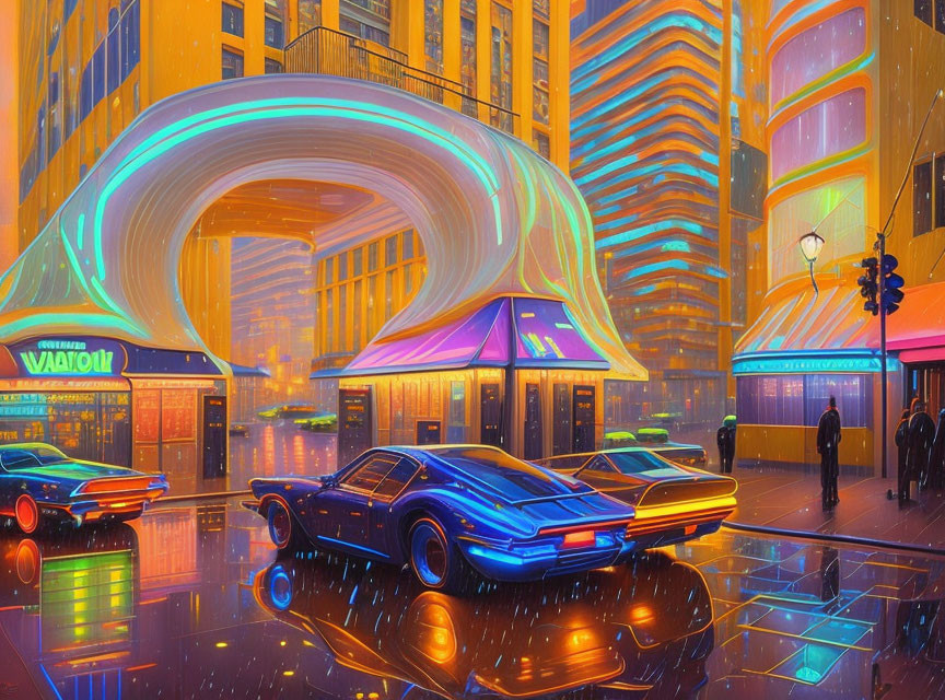 Futuristic cyberpunk cityscape with neon lights and dynamic sky patterns