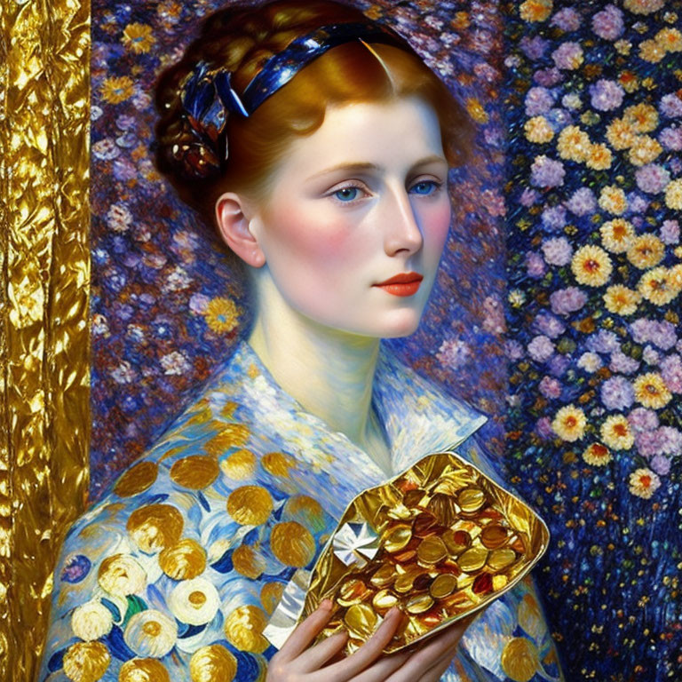 Woman portrait with blue headband, red lips, golden compact, colorful flowers, gold leaf detail