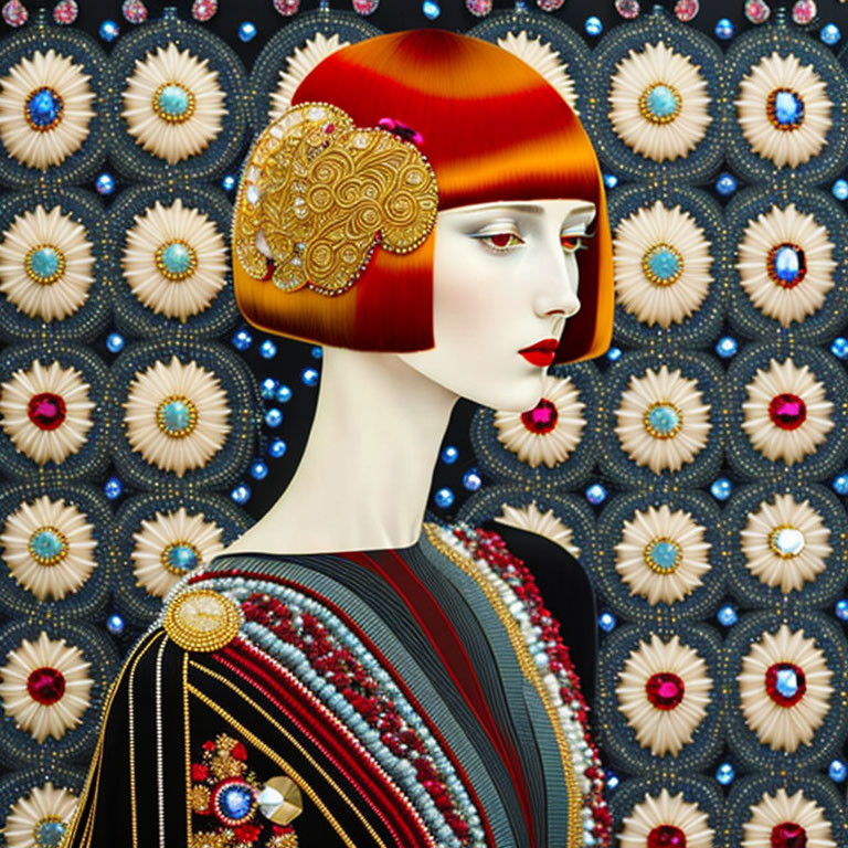 Stylized female figure with geometric haircut in ornate attire on floral pattern background