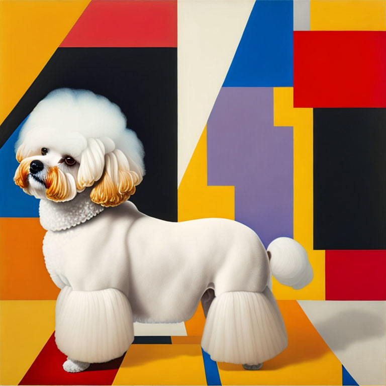 Fluffy white poodle on vibrant abstract backdrop