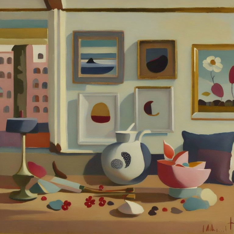 Interior Scene Painting: Abstract Art, Lamp, Vase, Pillows, Fruit Bowl, Table Items