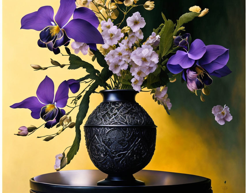 Detailed painting: Black ornate vase, purple and white flowers on yellow and green gradient.