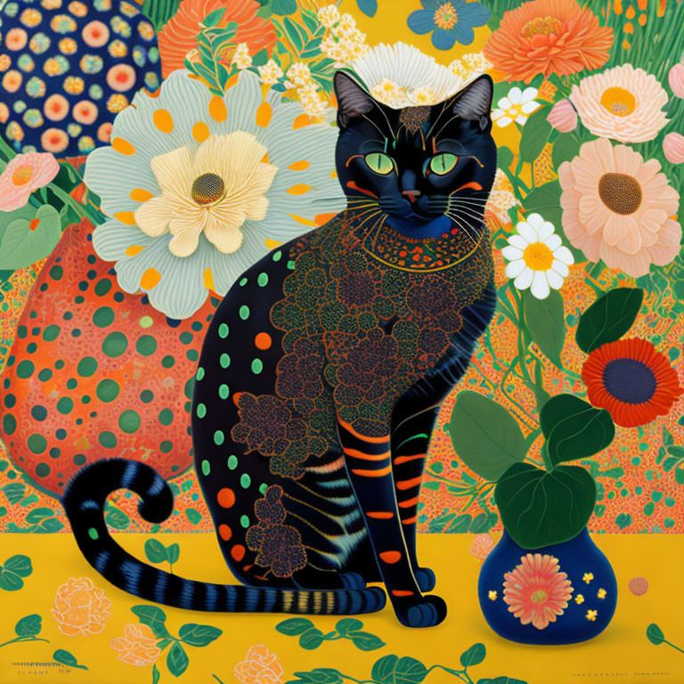 Vibrant illustration: black cat with patterns among colorful flowers