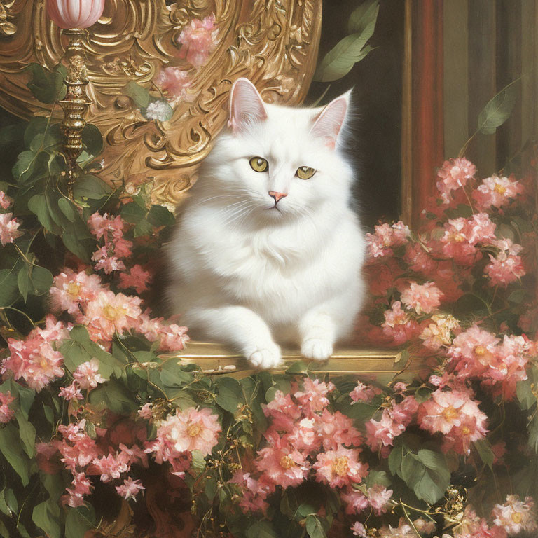 Fluffy White Cat Among Pink Roses and Gold Chair