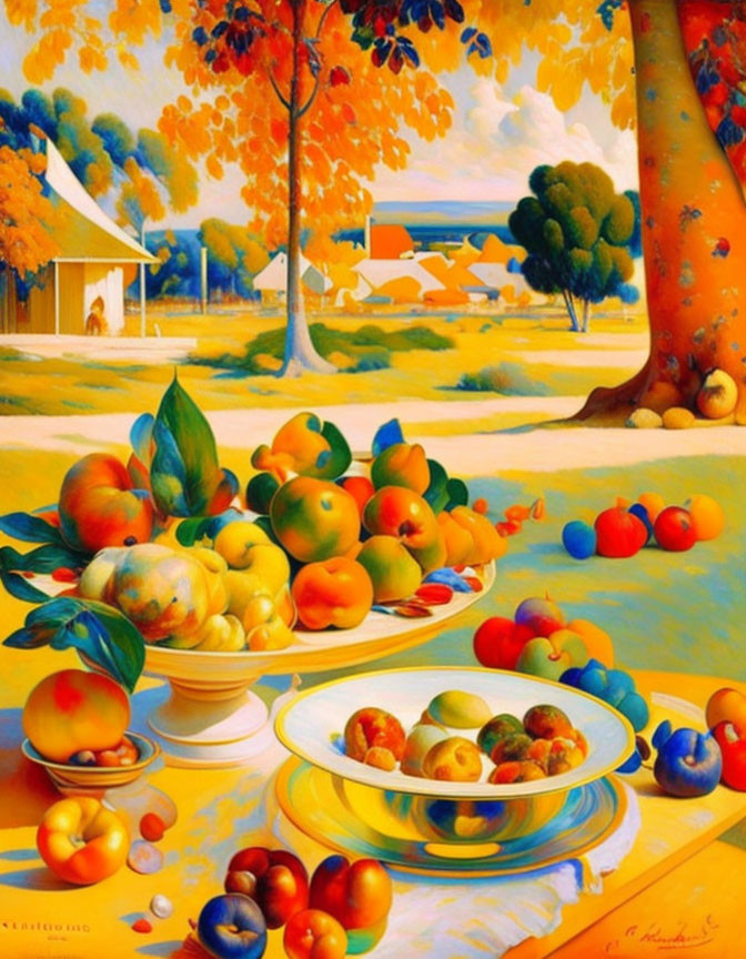 Colorful Fruit Table Painting in Autumn Landscape with Blue Sky