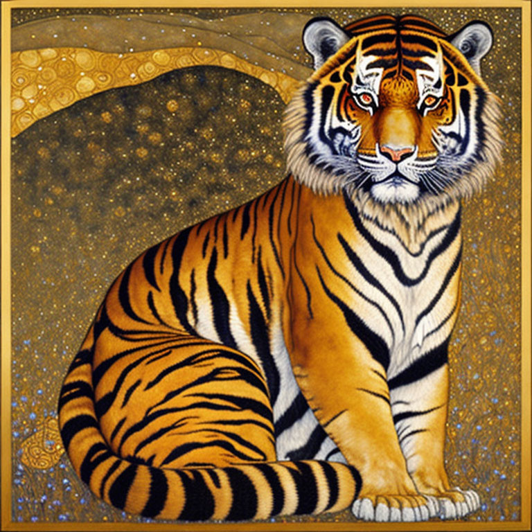 Majestic tiger against golden star-patterned background