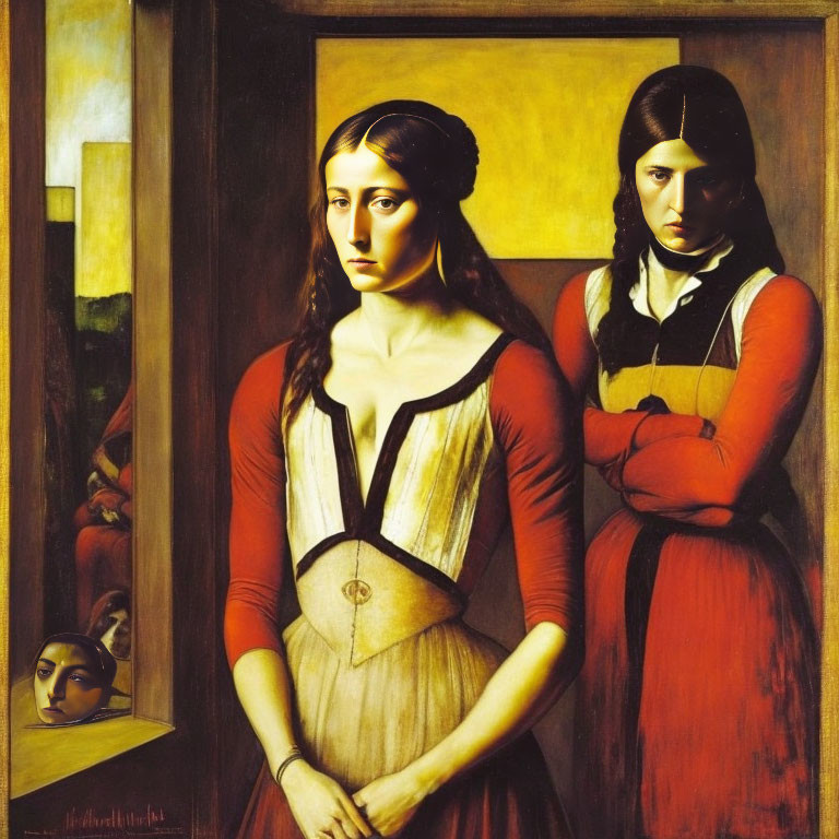 Vintage oil painting of two women in solemn poses with classical portrait.