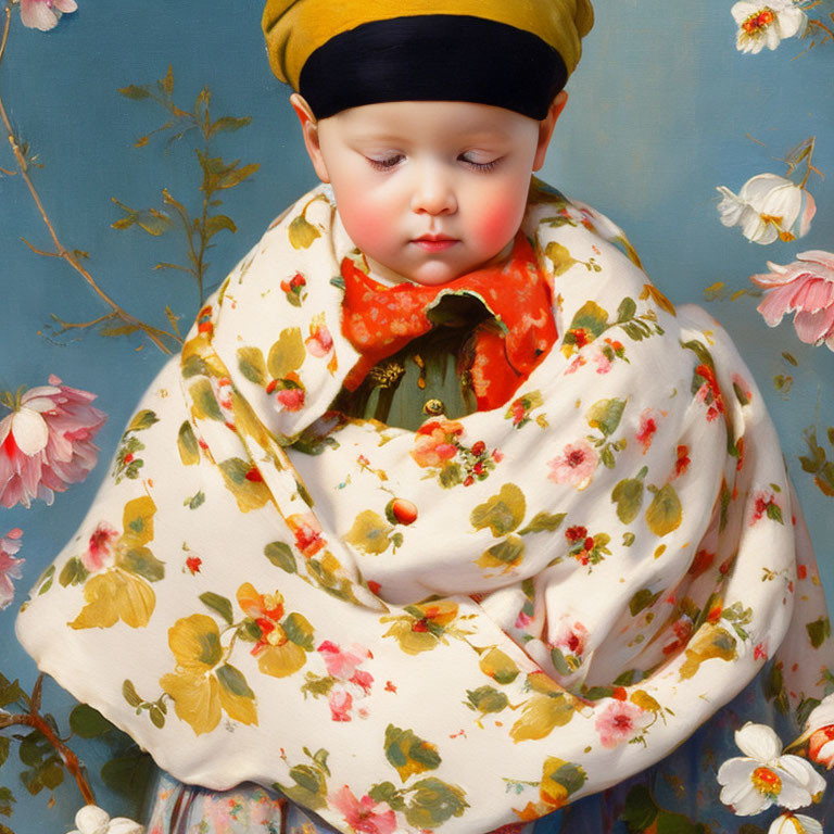 Child portrait with rosy cheeks in green shirt and patterned shawl