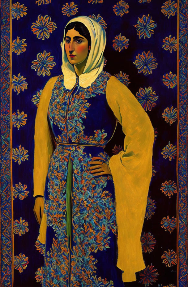 Traditional Attire Painting: Woman in White Headscarf, Yellow Dress, Floral Patterns & Blue Orn