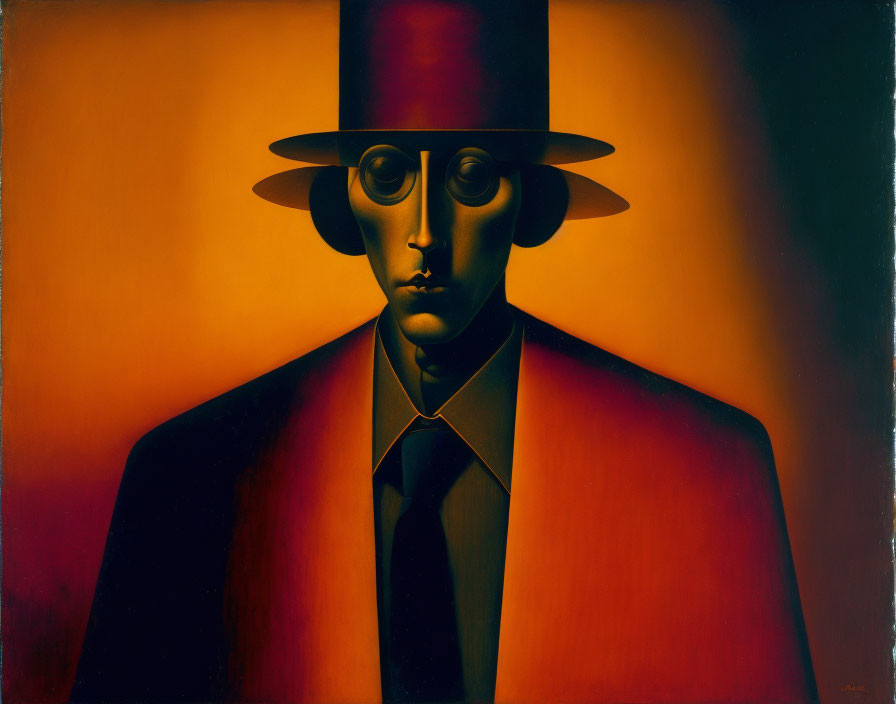 Surrealist portrait: man with elongated face in top hat and suit