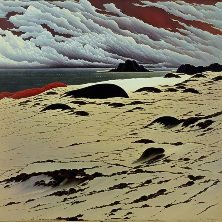 Surrealist landscape with patterned sand dunes and dramatic sky