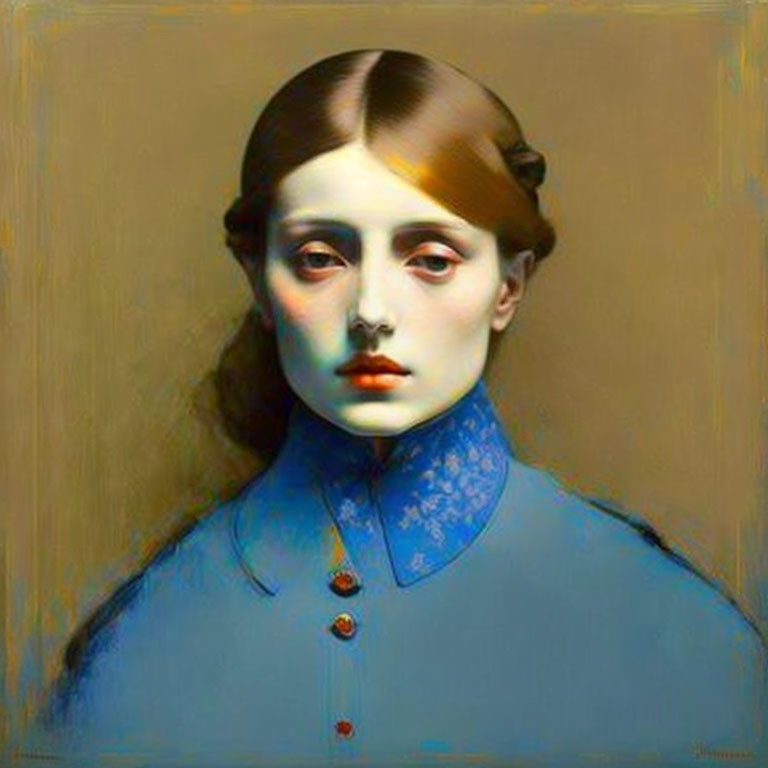 Portrait of woman with solemn expression, dark hair in buns, wearing blue high-collar shirt.