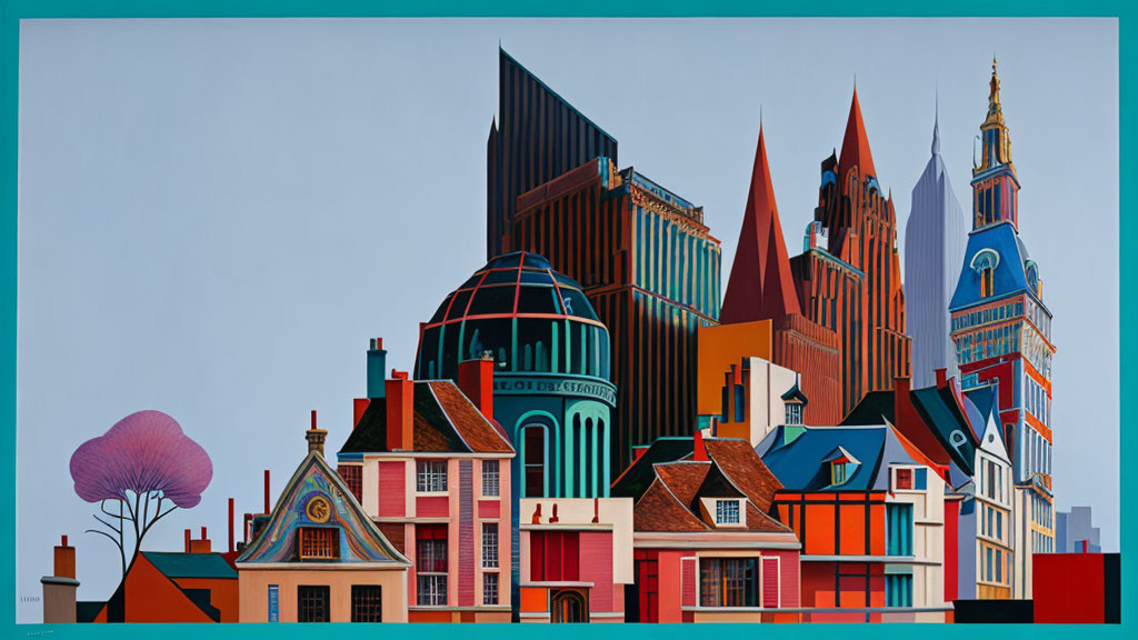 Colorful Stylized Architectural Skyline Painting with Modern and Traditional Buildings against Blue Sky