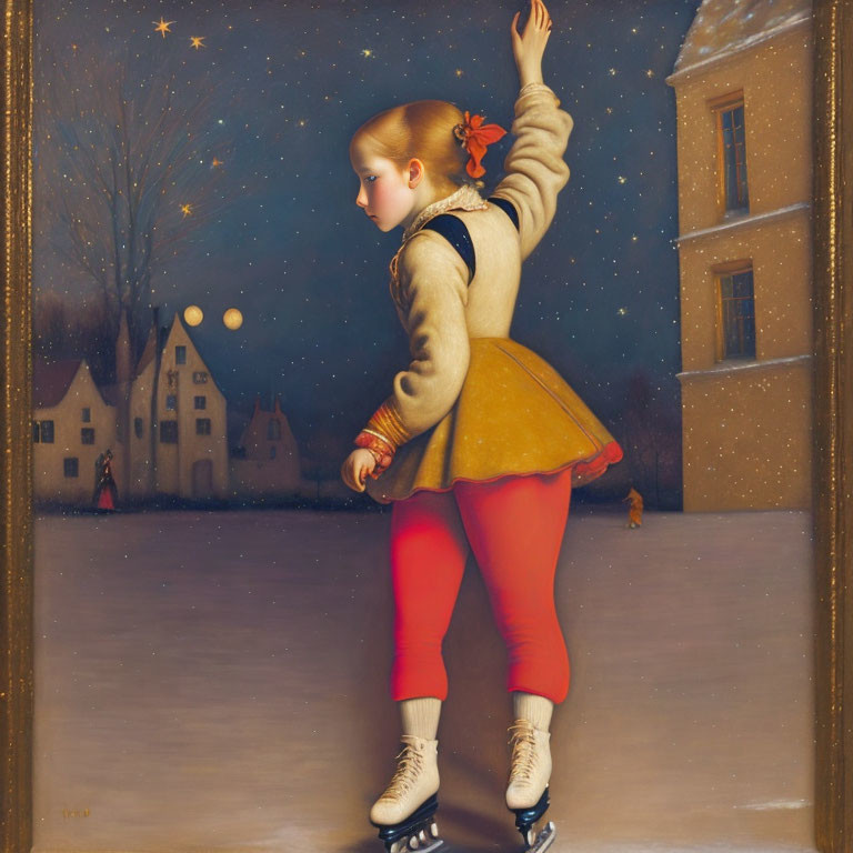 Nighttime painting of a girl ice skating in yellow skirt, red leggings, and white skates under