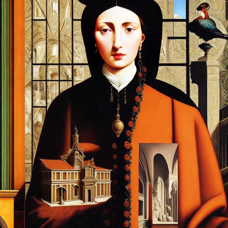 Surreal painting featuring woman in architectural garment and woodpecker