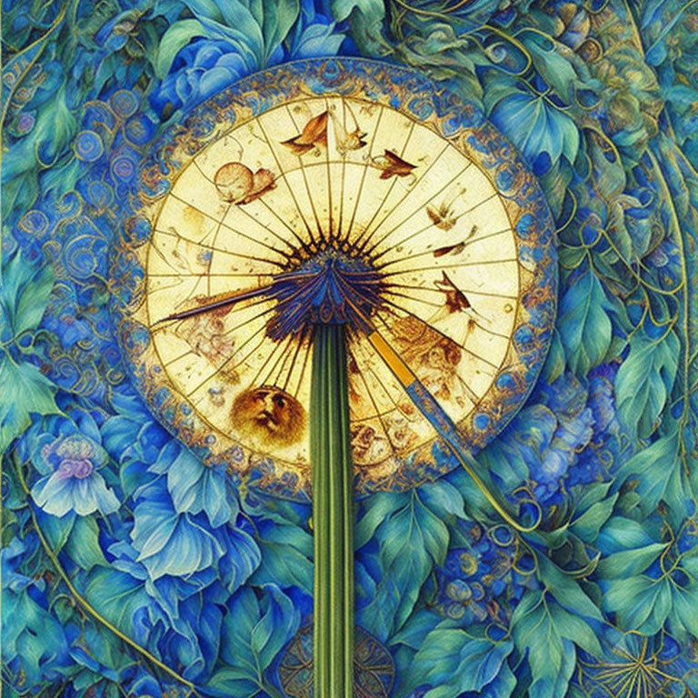 Colorful artwork featuring sundial, blue flowers, ornate details, swirling leaves.