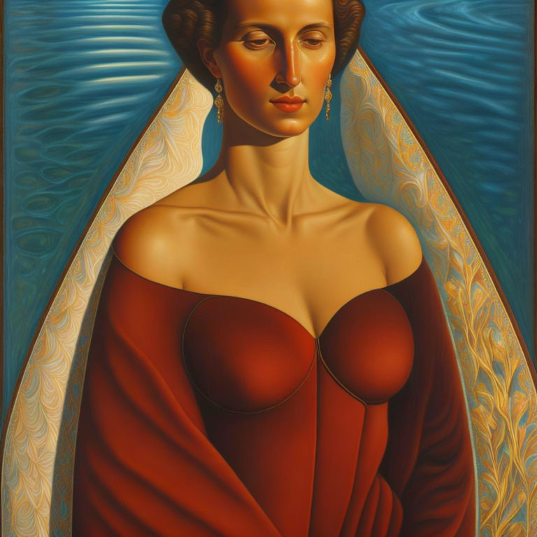 Stylized portrait of woman with elongated neck in red cloak on blue background