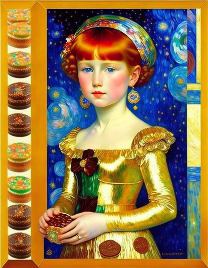 Portrait of young girl in gold dress with Starry Night elements & Van Gogh motifs