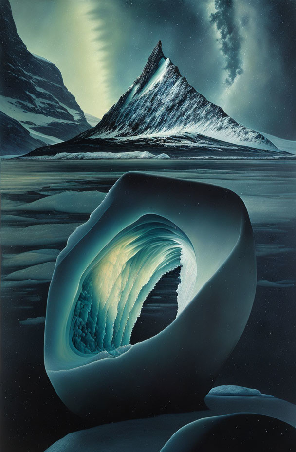 Ethereal night landscape with towering mountain and surreal ice wave