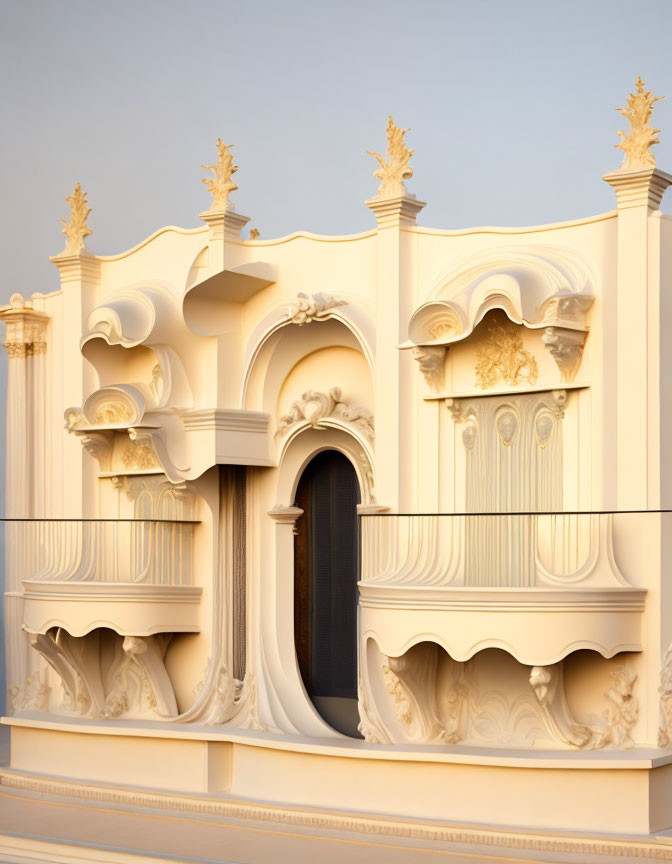 Baroque-style cream balcony against calm sky background