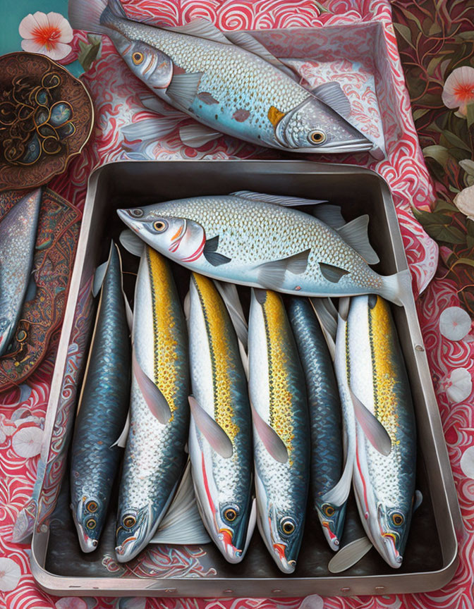 Realistic painting of box with freshly caught fish on floral surface with brass bowl