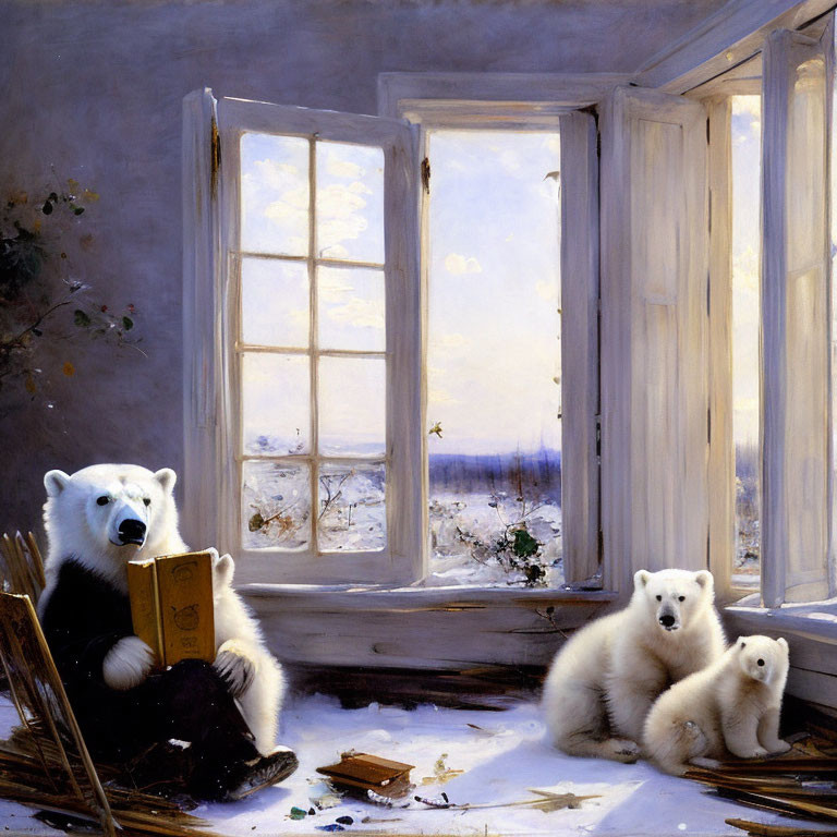 Polar bear and cubs in room with snowy landscape outside