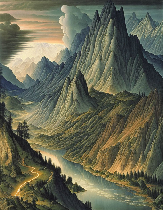 Mountainous Landscape Painting with River at Sunset