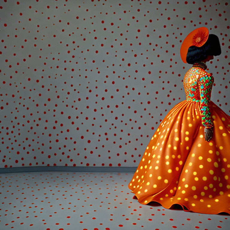 Colorful person in orange and green dress against polka-dotted background