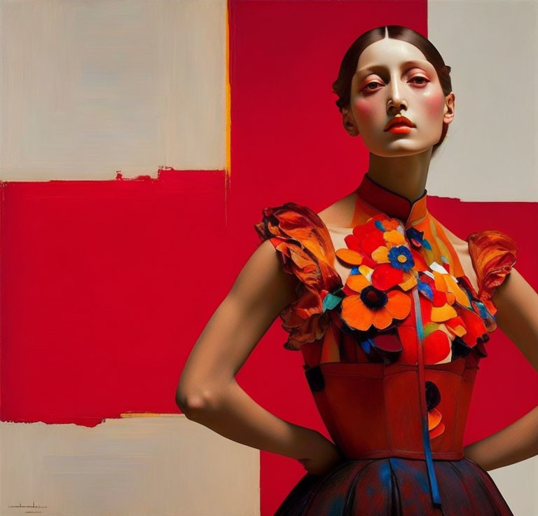 Stylized woman in floral top and red corset against geometric backdrop