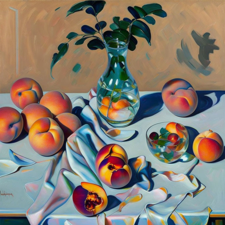 Classic Still Life Painting with Peaches, Glass Vase, and Bowl