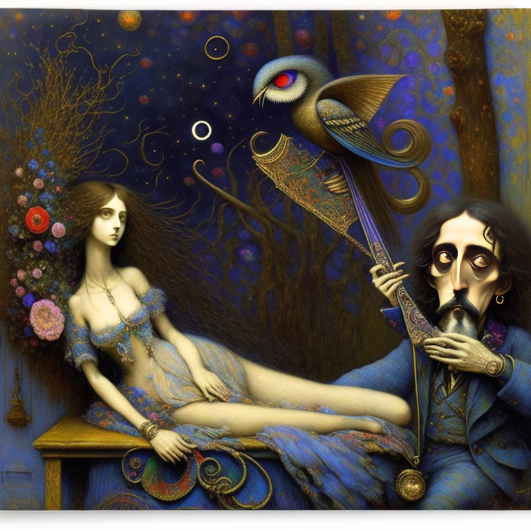 Surreal artwork: Pale woman in blue dress with man holding lute, surrounded by fantastical