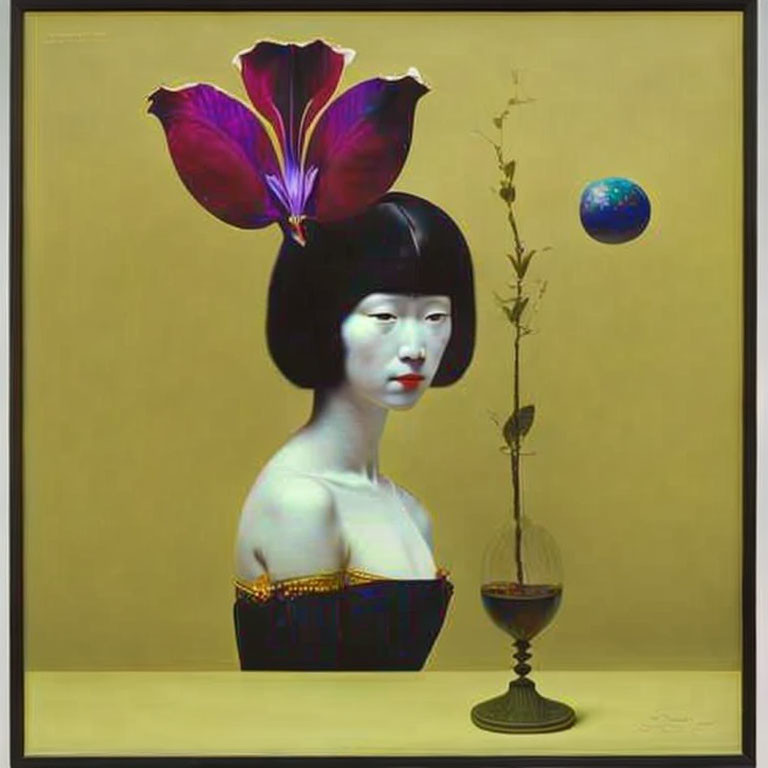 Surreal portrait of woman with purple flower hat, branch in glass, and miniature planet.