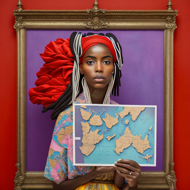 Woman with Red Headwrap and Braids Holding Map on Purple Background