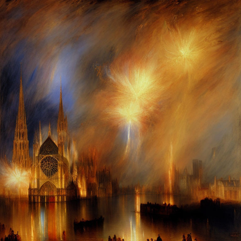 Gothic cathedral painting by river at night with dramatic sky and bursts of light